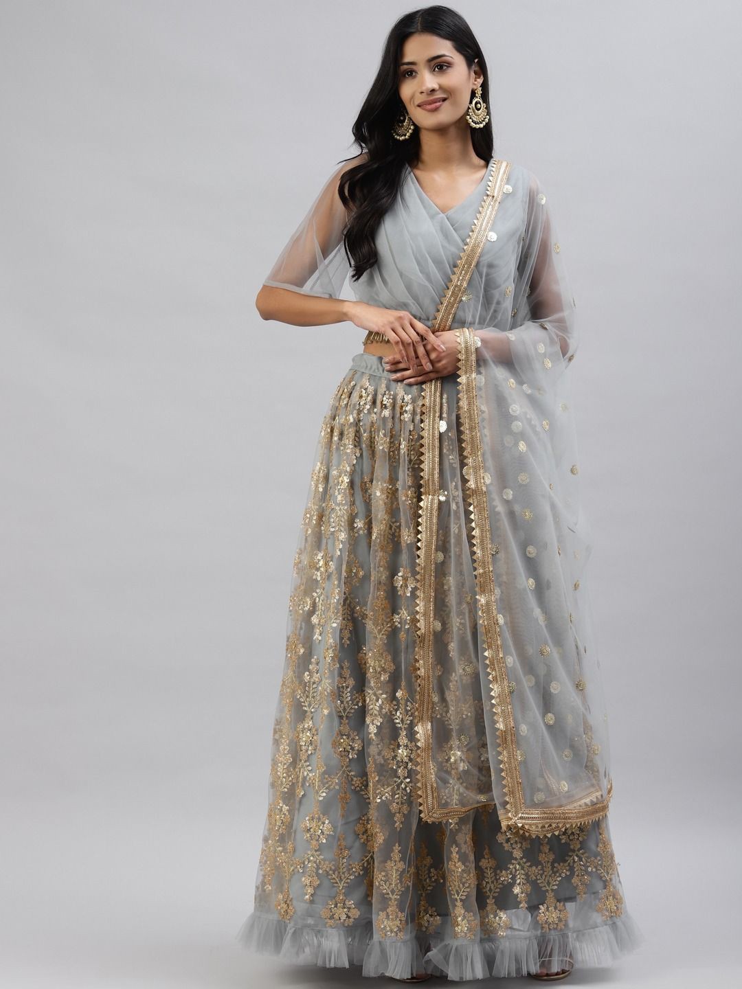 

FABPIXEL Embroidered Sequinned Semi-Stitched Lehenga & Unstitched Blouse With Dupatta, Grey