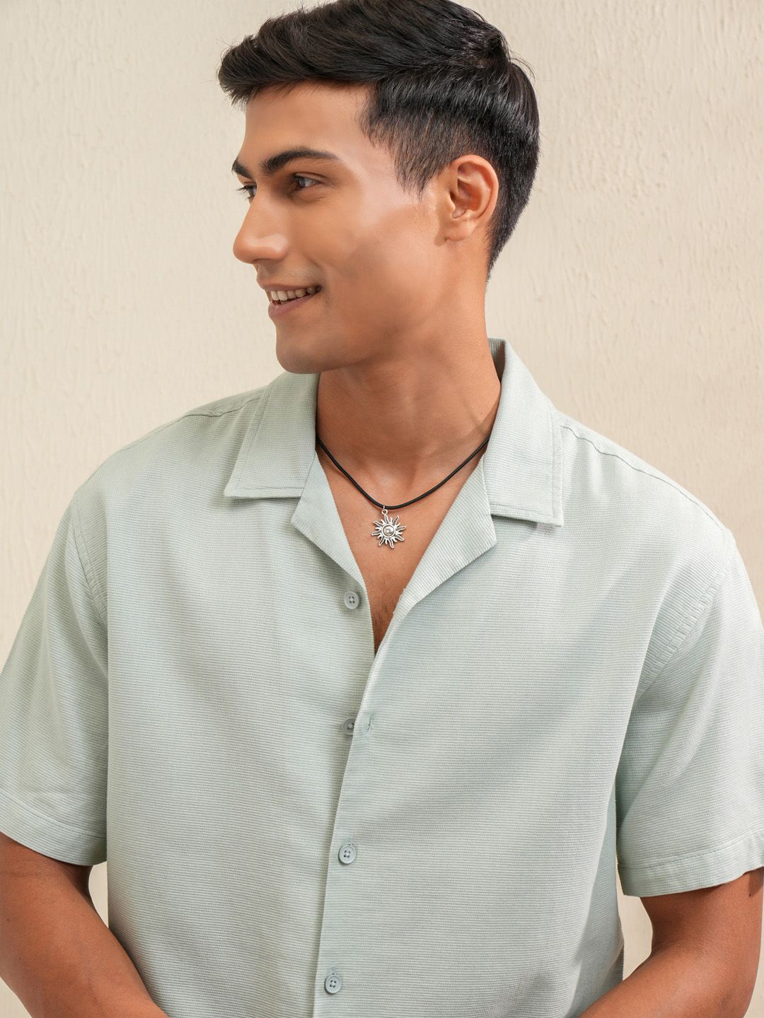 

LOCOMOTIVE Premium Men Dobby Textured Solid Cuban Collar Relaxed Shirt, Green