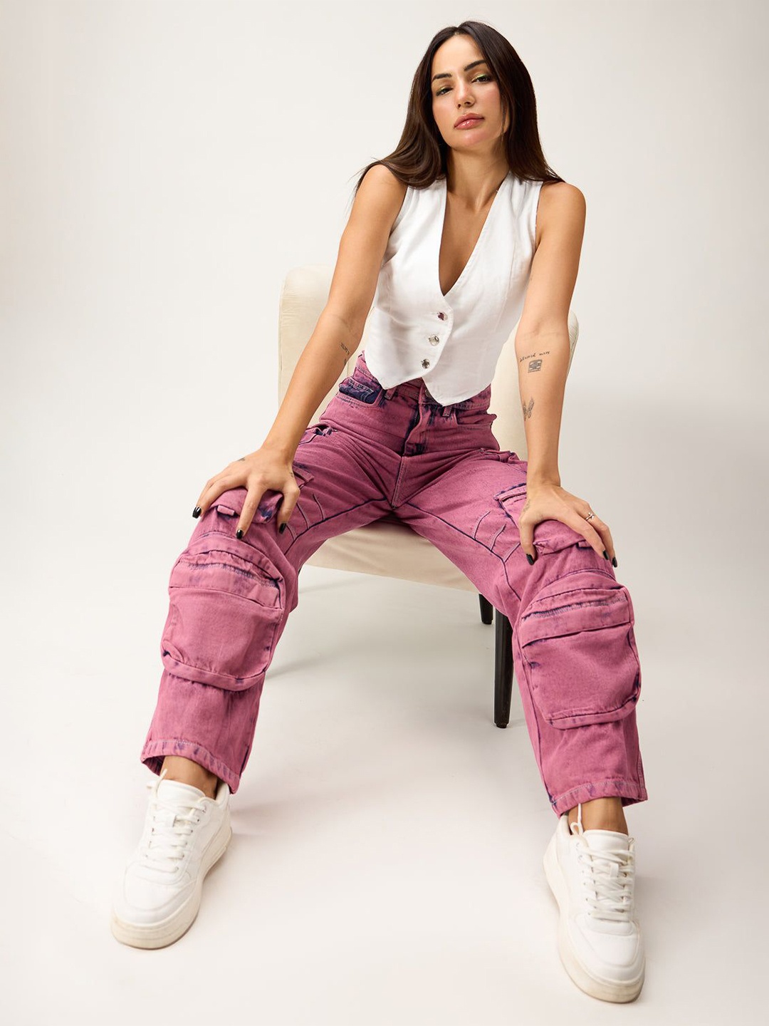 

FREAKINS Women Relaxed Fit High-Rise Cargo Jeans, Pink