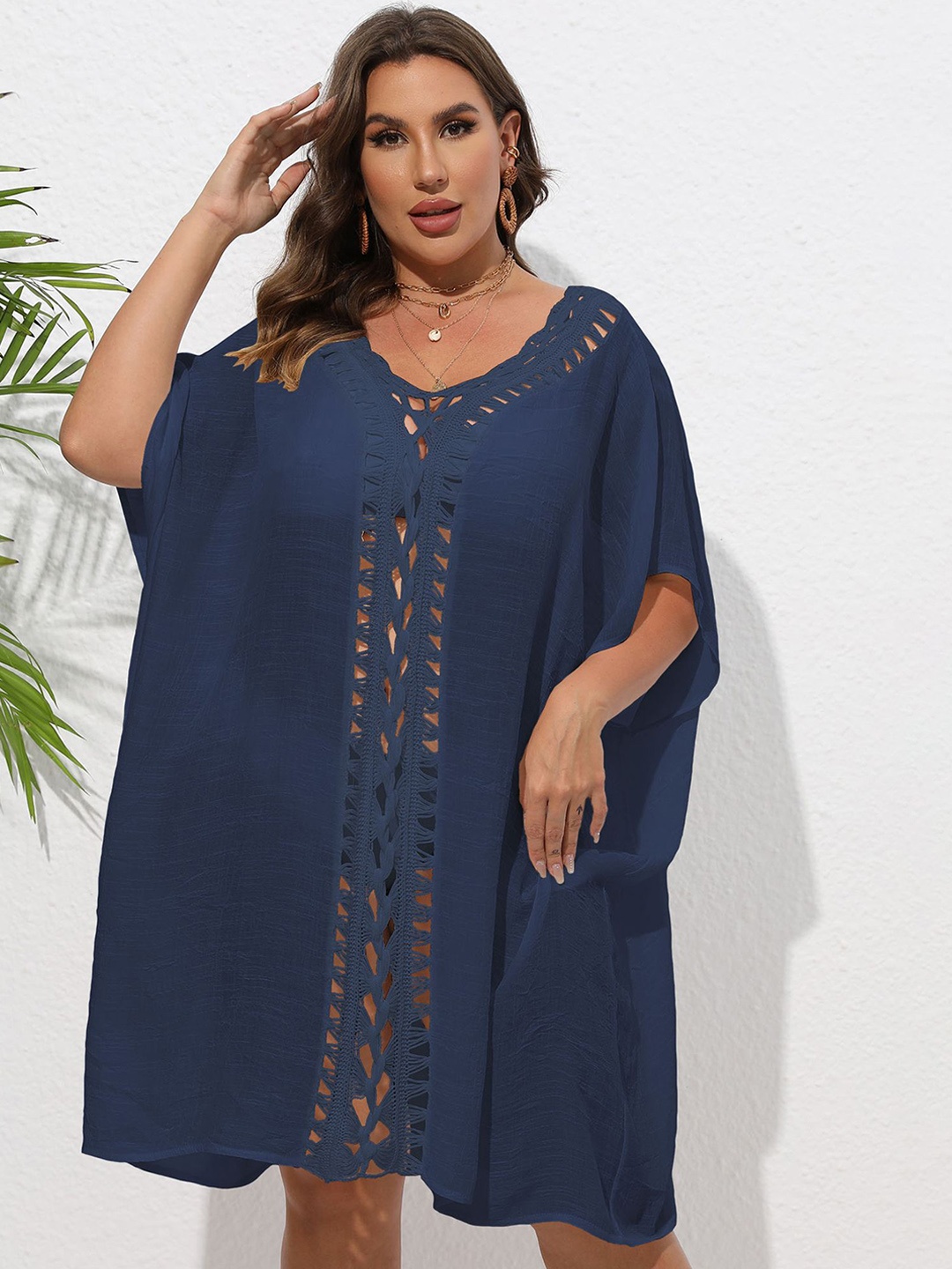 

LULU & SKY Macrame-Knit Detail Plus Size Midi Swimwear Cover up Top, Navy blue