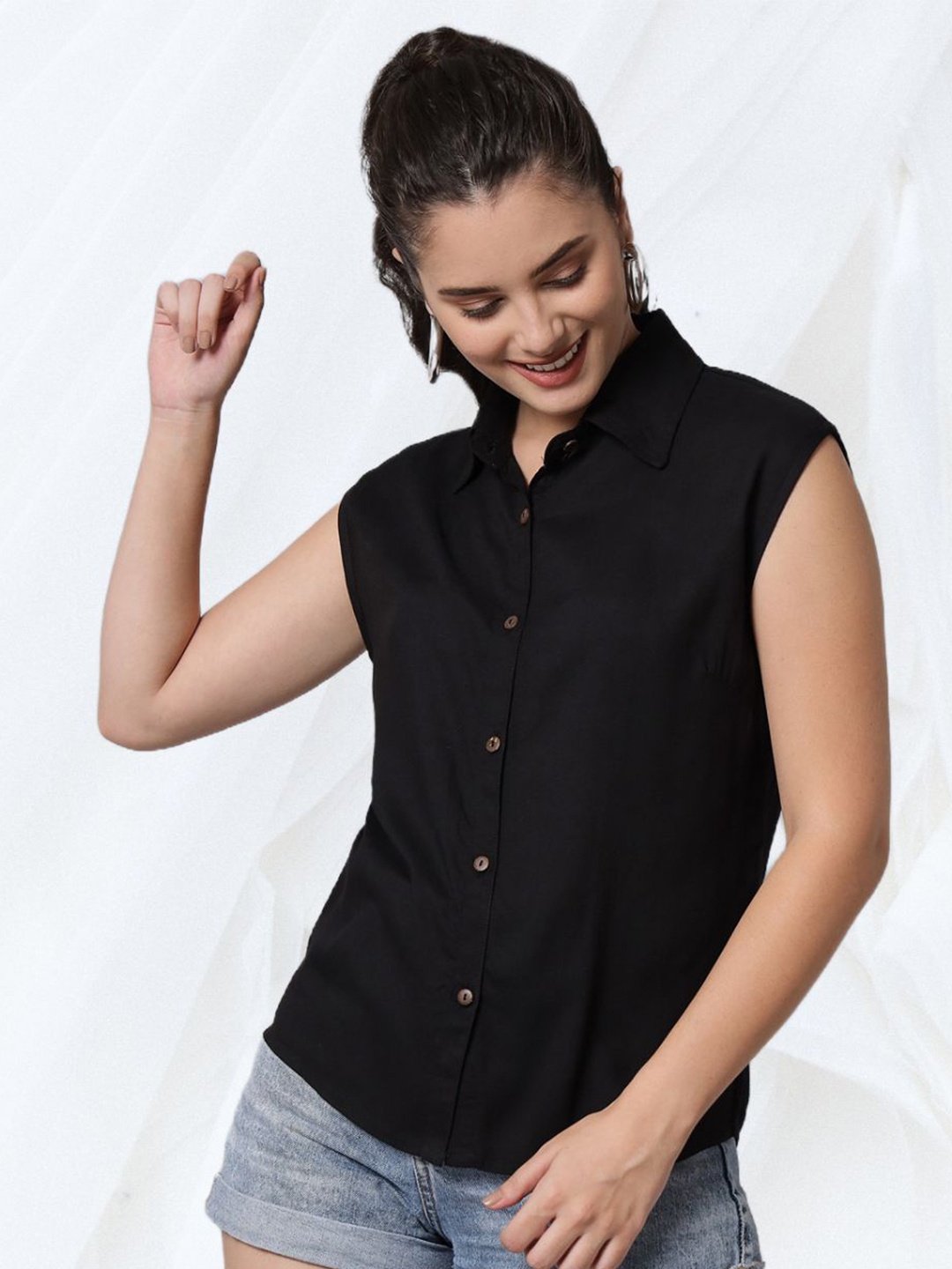 

Funday Fashion Women Spread Collar Solid Cotton Casual Shirt, Black