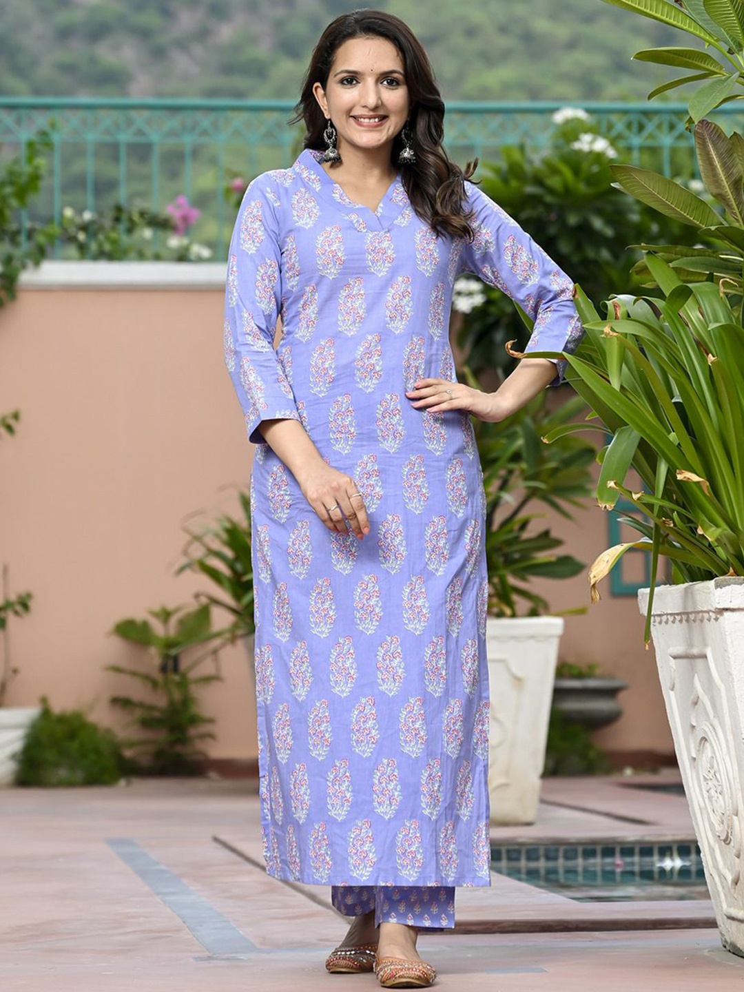 

Anni Designer Floral Printed V Neck Straight Kurta with Trousers, Purple