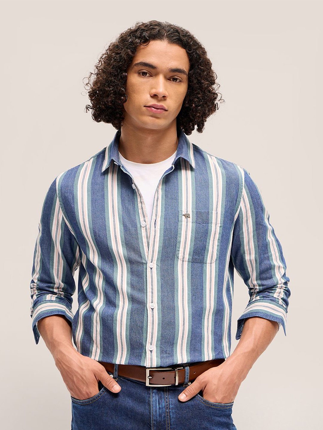 

THE BEAR HOUSE Men Striped Slim Fit Cotton Casual Shirt, Blue