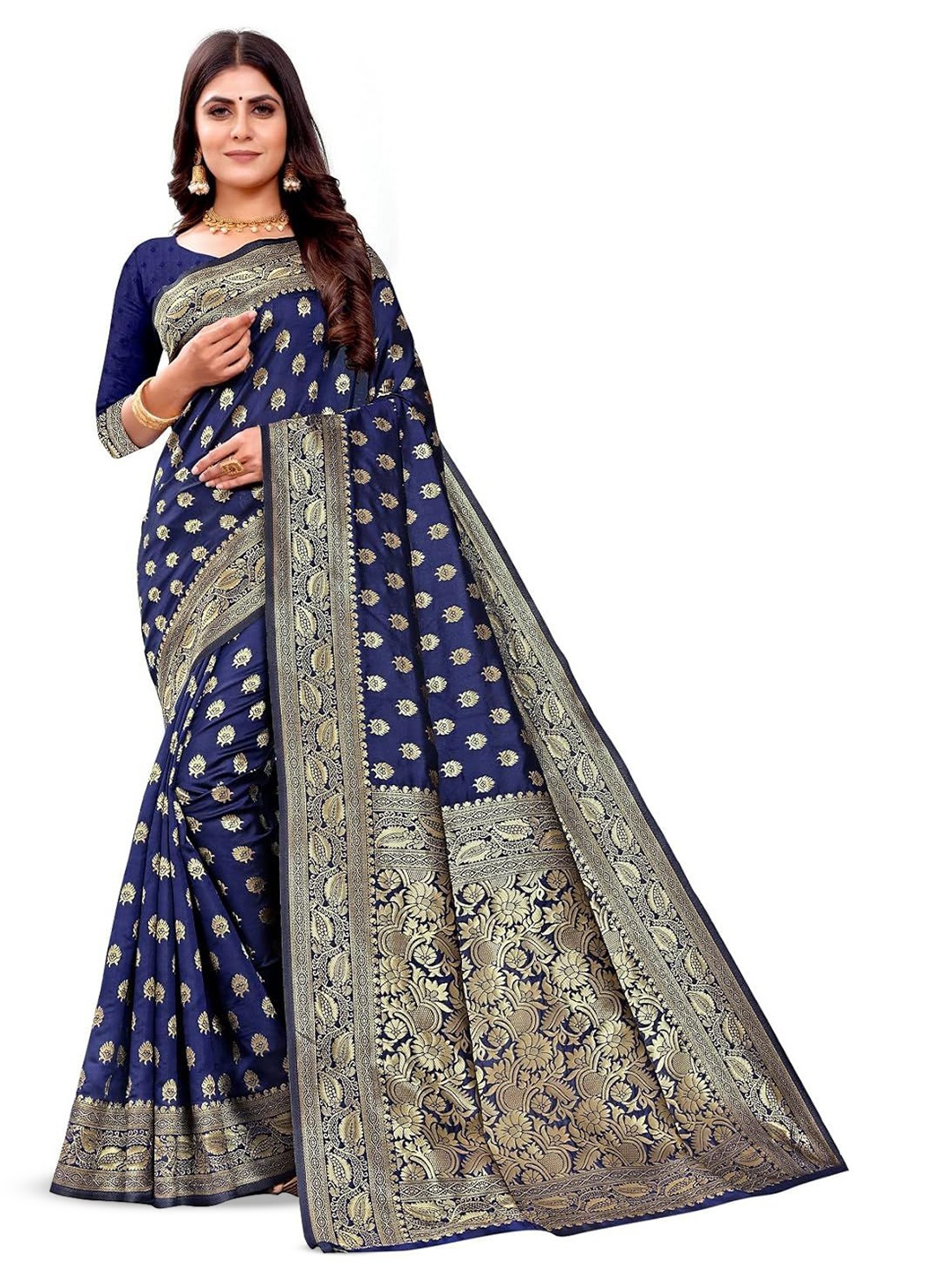 

LEAFFEB Ethnic Motifs Zari Woven Pure Silk Banarasi Saree, Navy blue