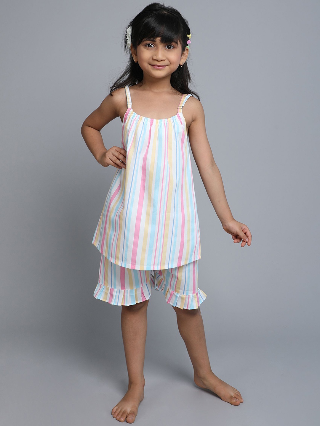 

BAESD Girls Striped Pure Cotton Shoulder Straps Night suit, White
