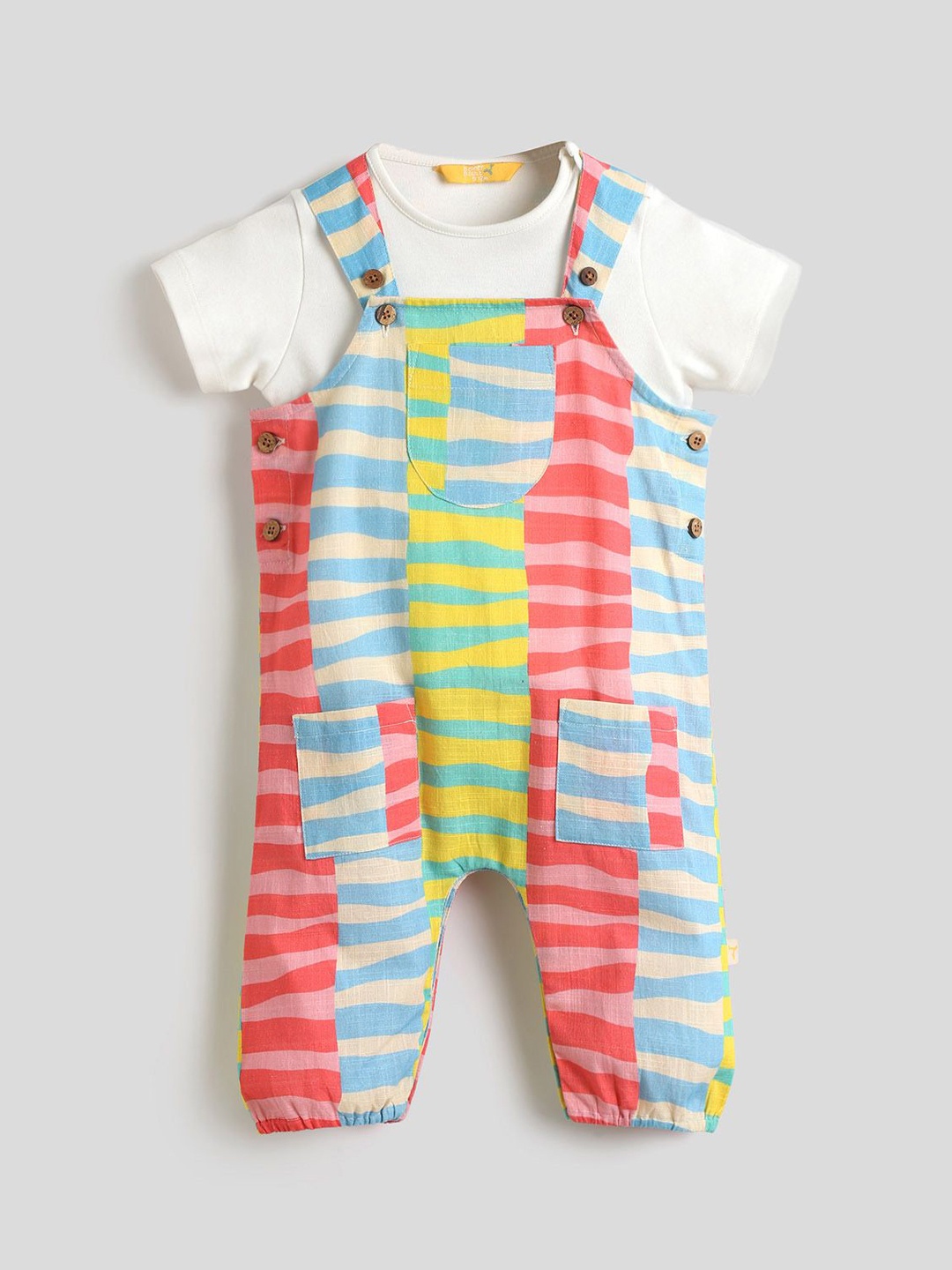 

Somersault Infants Girls Striped Pure Cotton Dungarees With T-Shirt, Red