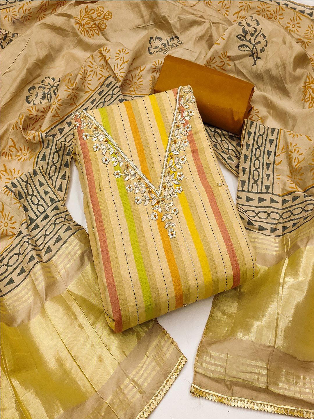 

Lilots Striped Unstitched Dress Material, Gold