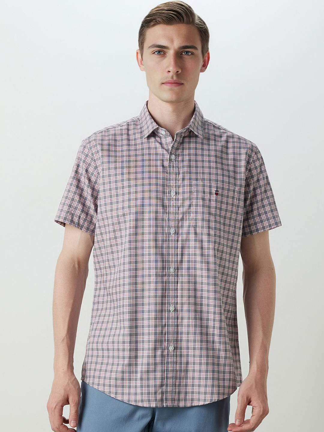 

Louis Philippe Sport Men Spread Collar Tartan Checked Cotton Slim Fit Casual Shirt, Grey