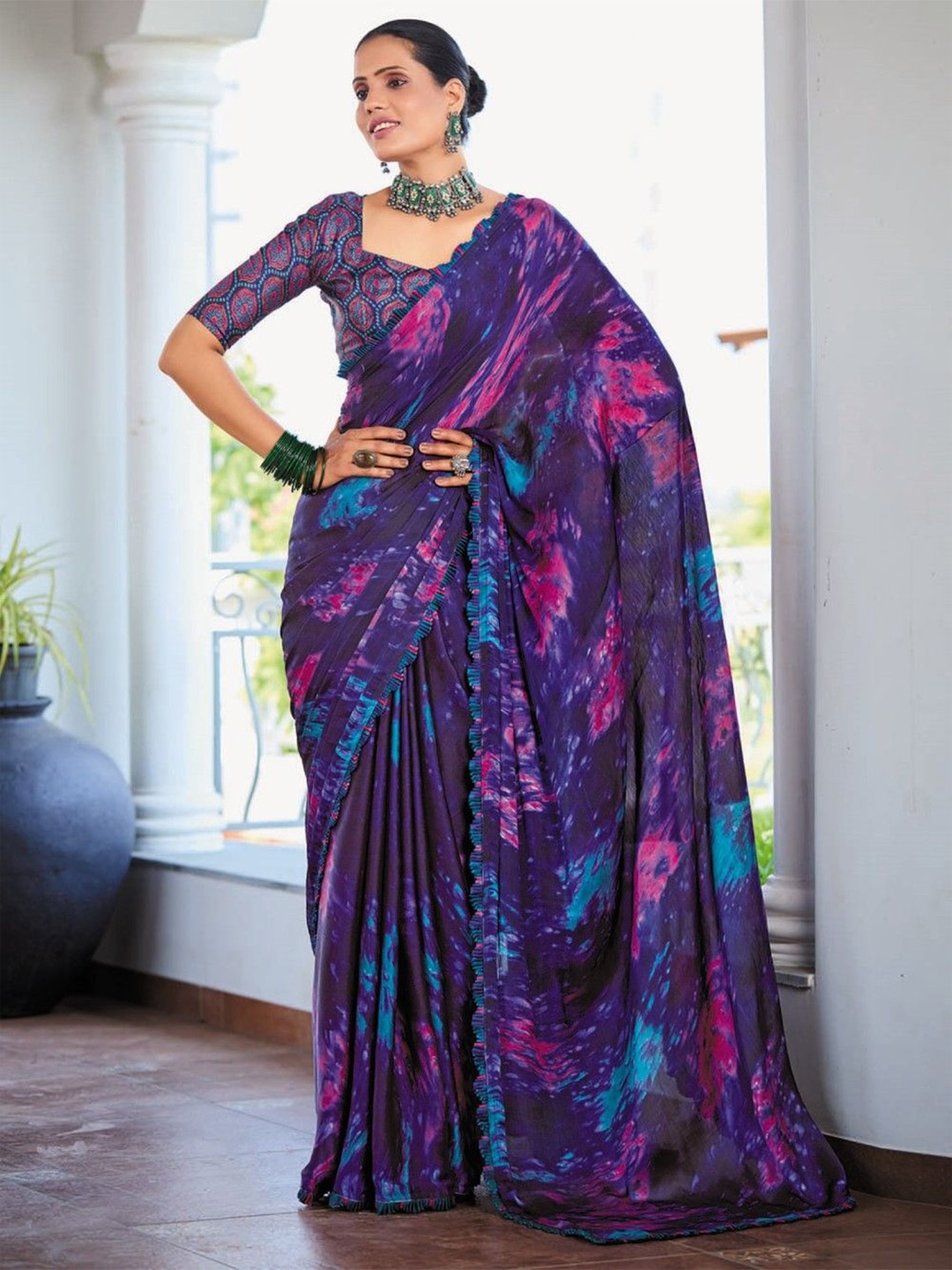 

Mitera Printed Satin Saree, Blue