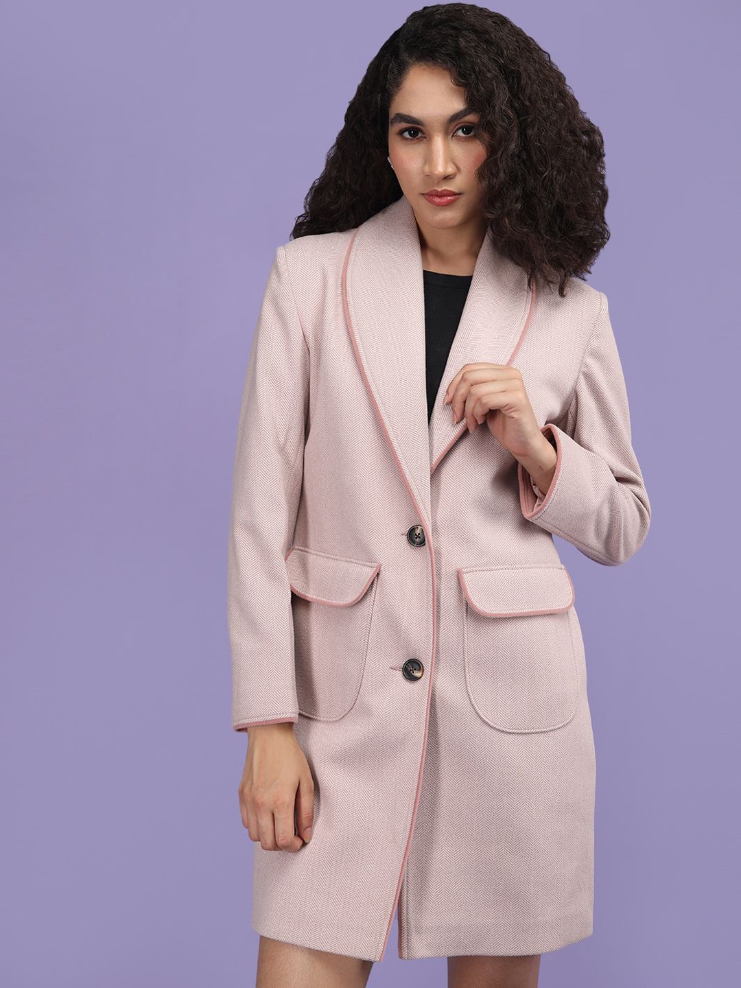 

Plagg Women Textured Single-Breasted Overcoat, Pink