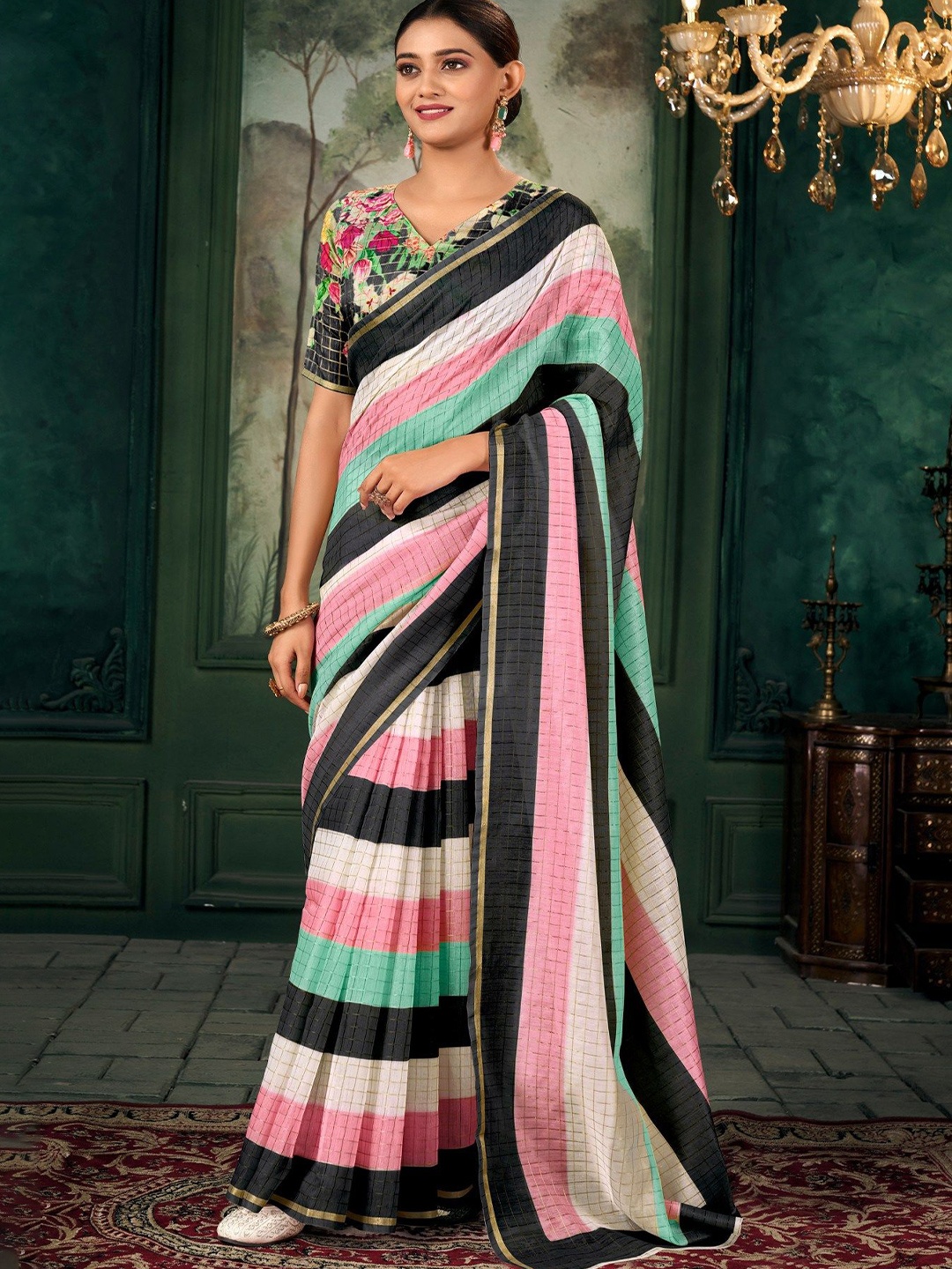 

MySilkLove Striped Zari Chanderi Saree, Black