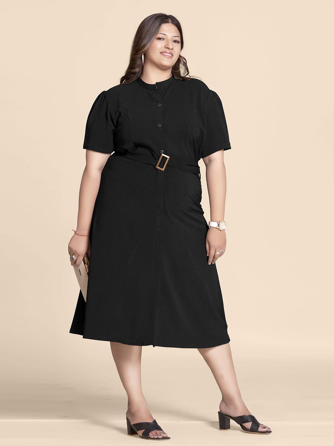 

Curvy Lane Plus Size A-Line Midi Dress With Belted Detail, Black