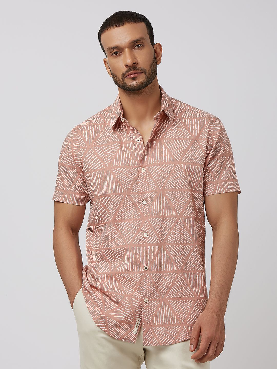 

Mufti Men Spread Collar Abstract Printed Cotton Slim Fit Casual Shirt, Pink