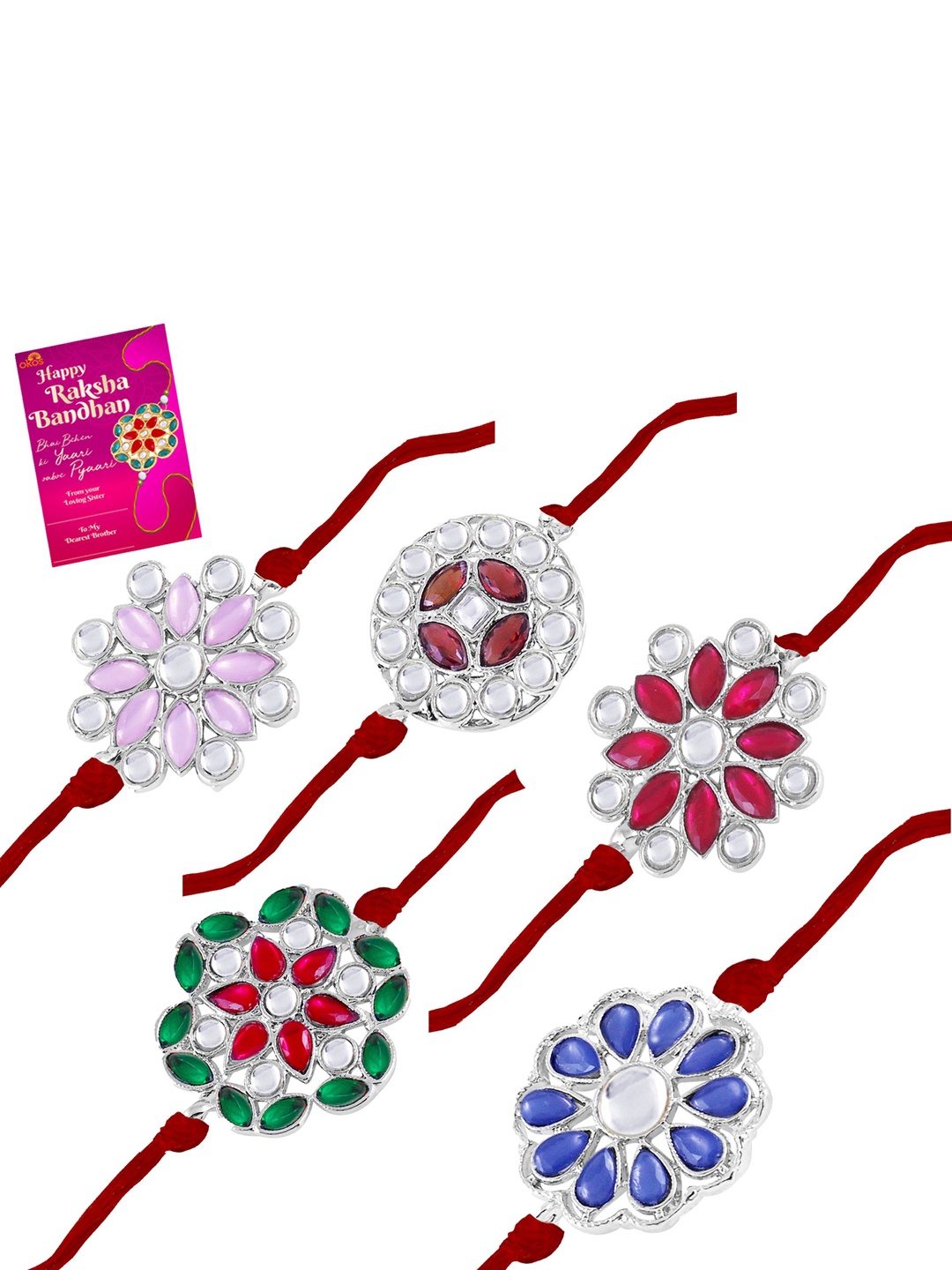 

Okos Set Of 5 Rhodium Plated Kundan Studded Thread Rakhis With Greeting Card, Silver