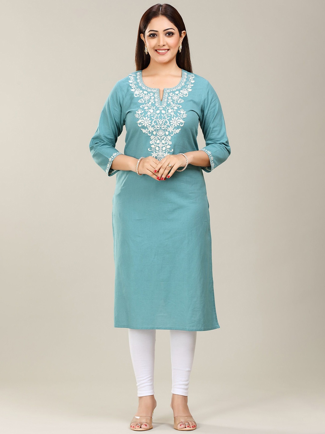 

COTTON CULTURE Yoke Design Embroidered Chikankari Straight Kurta, Turquoise blue