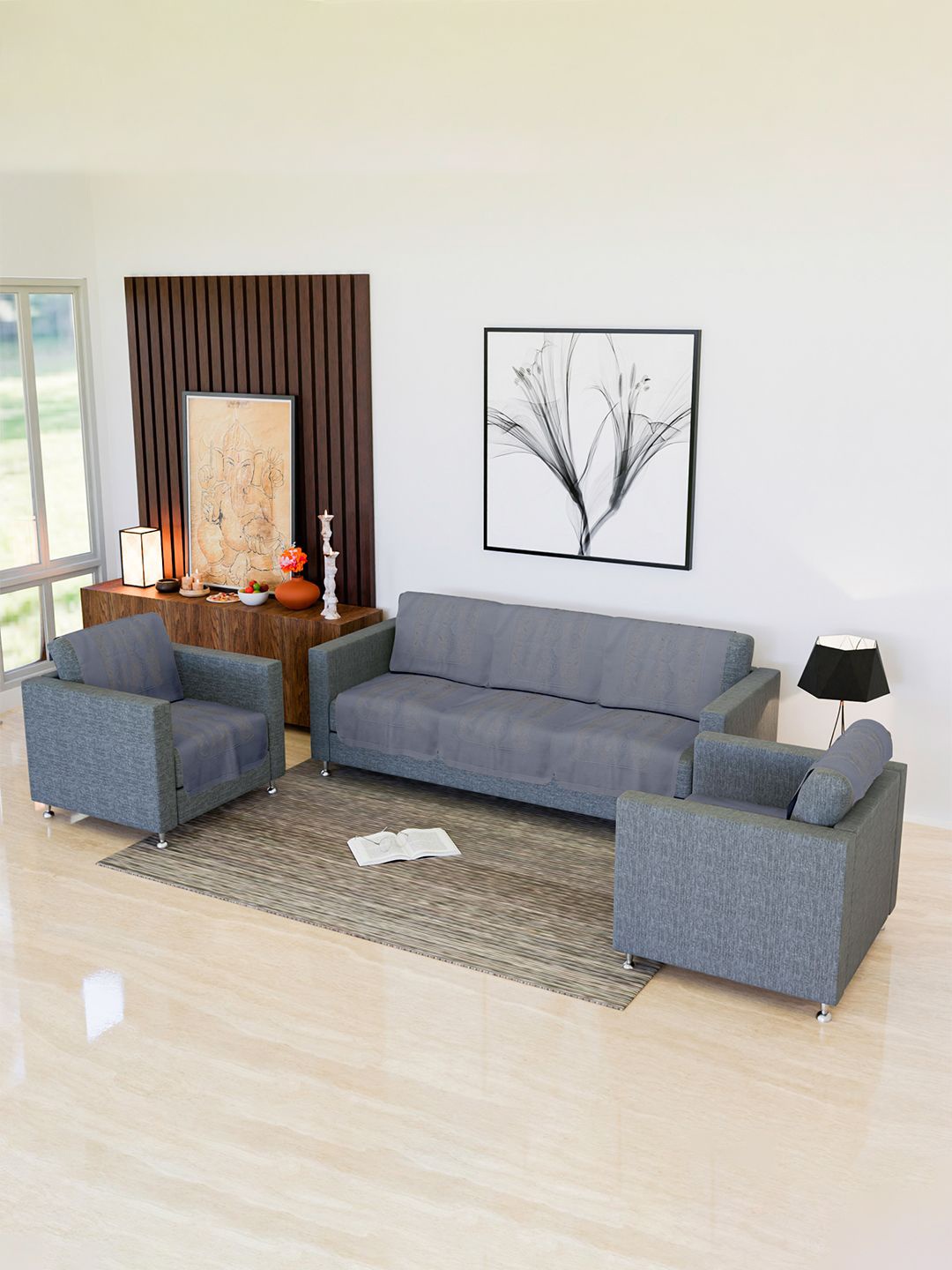 

Kuber Industries Grey 10 Pieces Self Design 5-Seater Cotton Sofa Covers