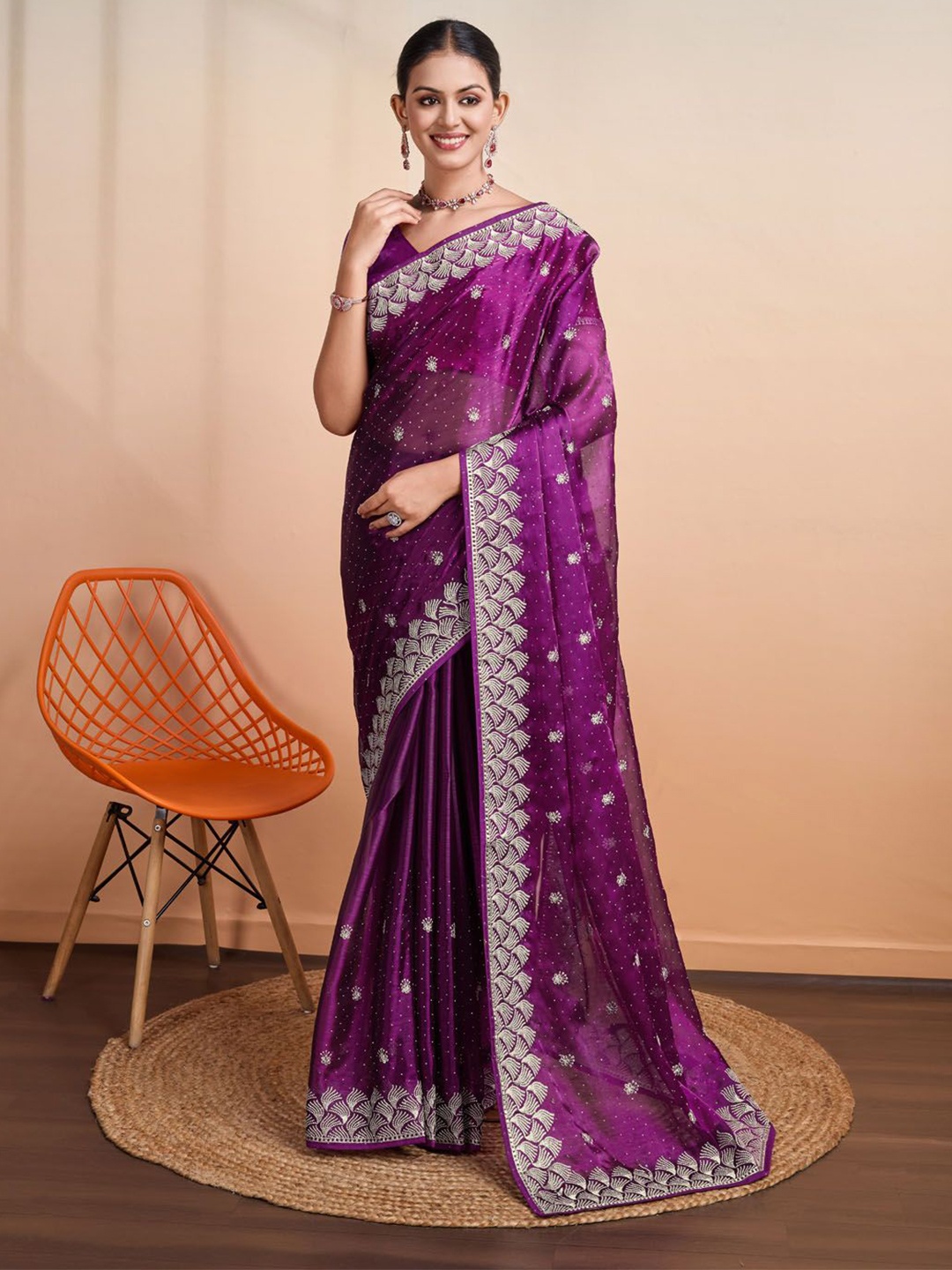 

Meena Bazaar Floral Embroidered Embellished Organza Saree, Purple