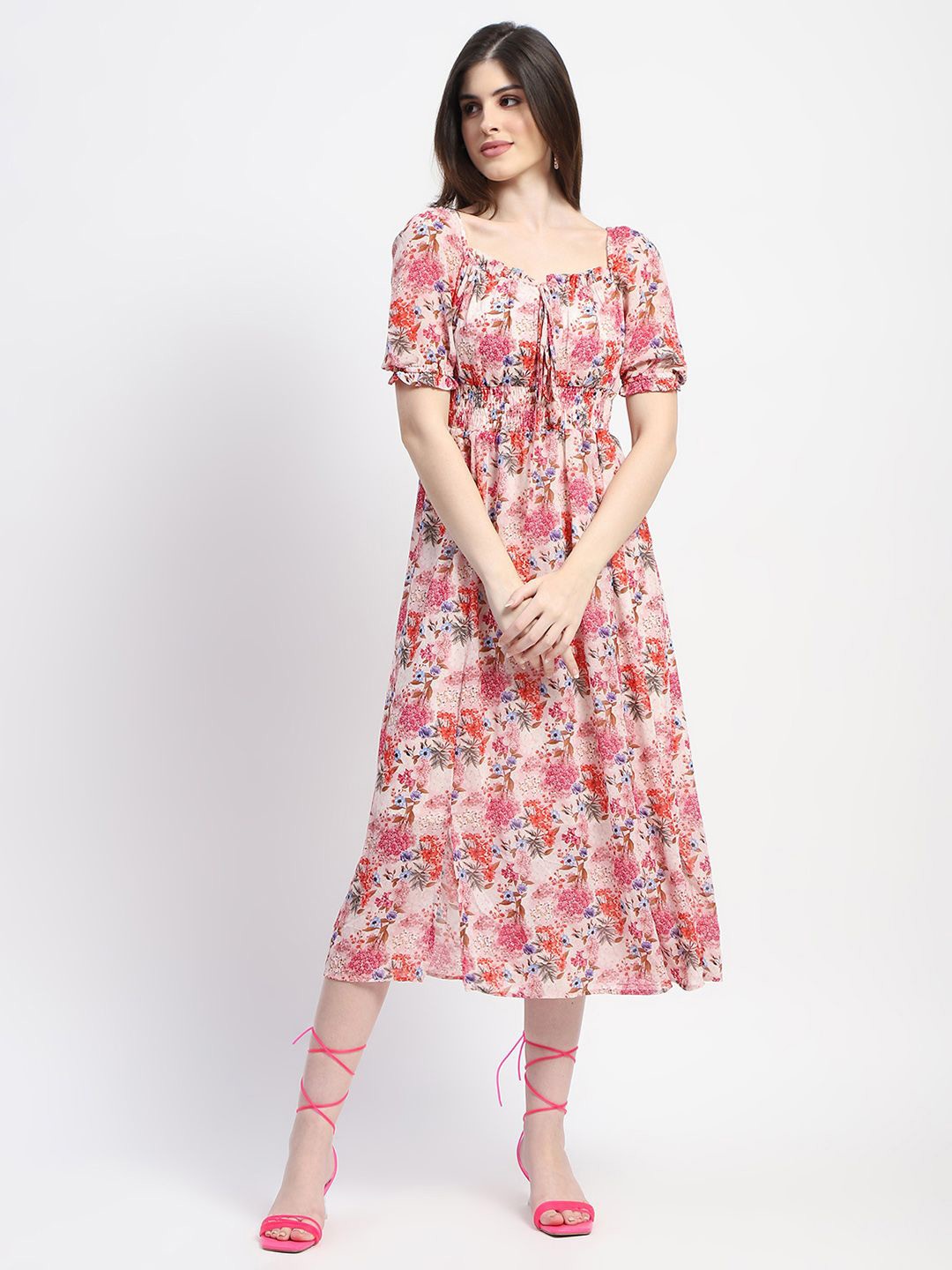 

Madame Floral Print Tie-Up Neck Fit & Flare Midi Dress, Pink