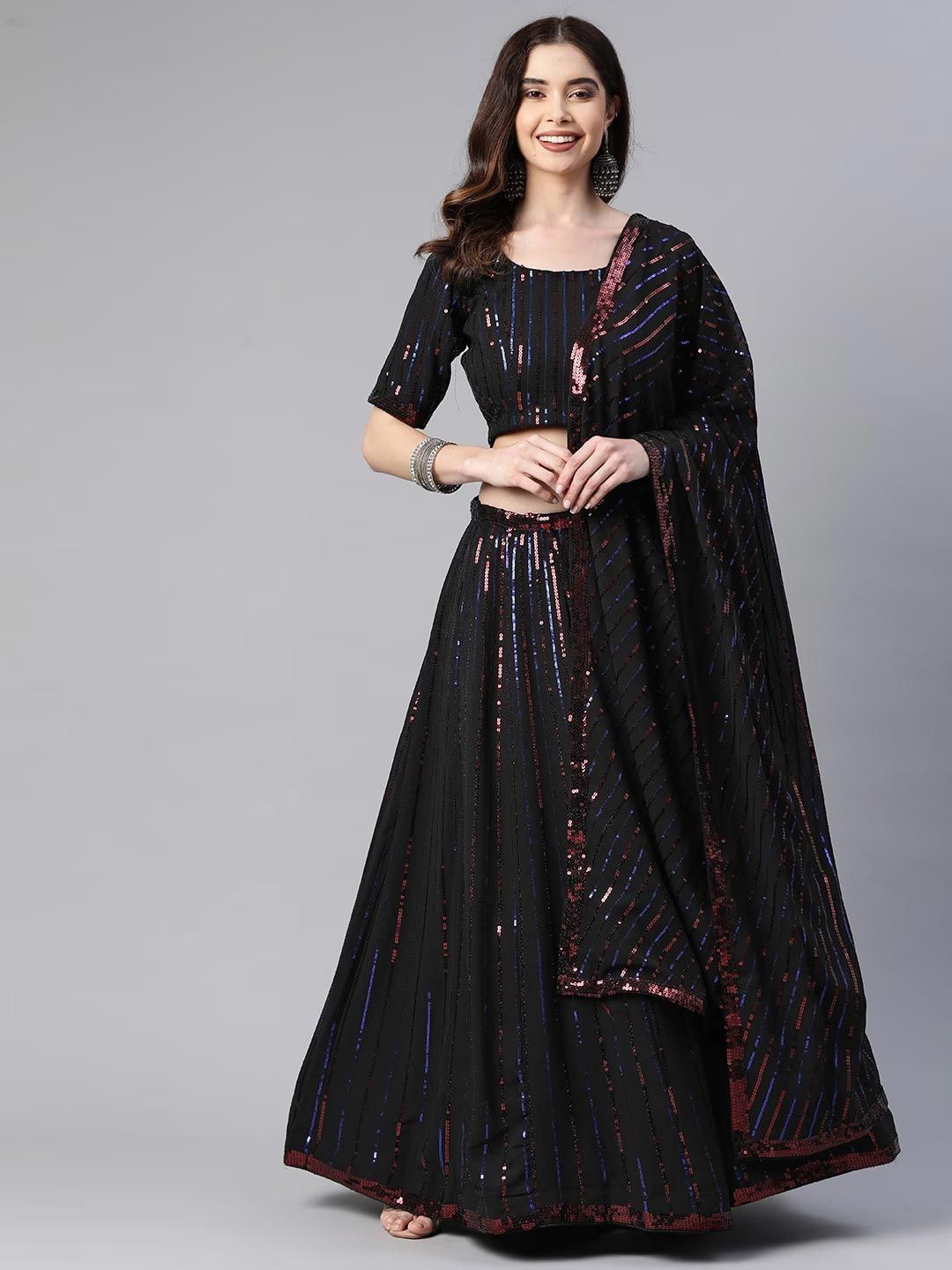 

FABPIXEL Embroidered Sequinned Semi-Stitched Lehenga & Unstitched Blouse With Dupatta, Black