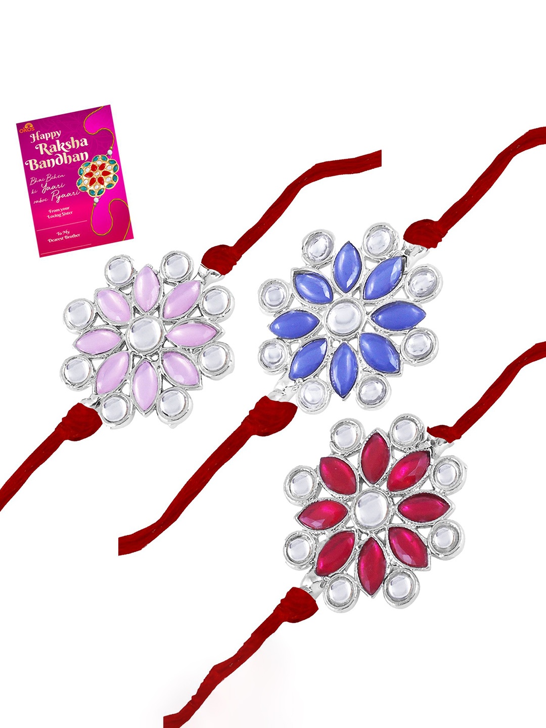 

Okos Set Of 3 Rhodium Plated Kundan Studded Thread Rakhis With Greeting Card, Silver