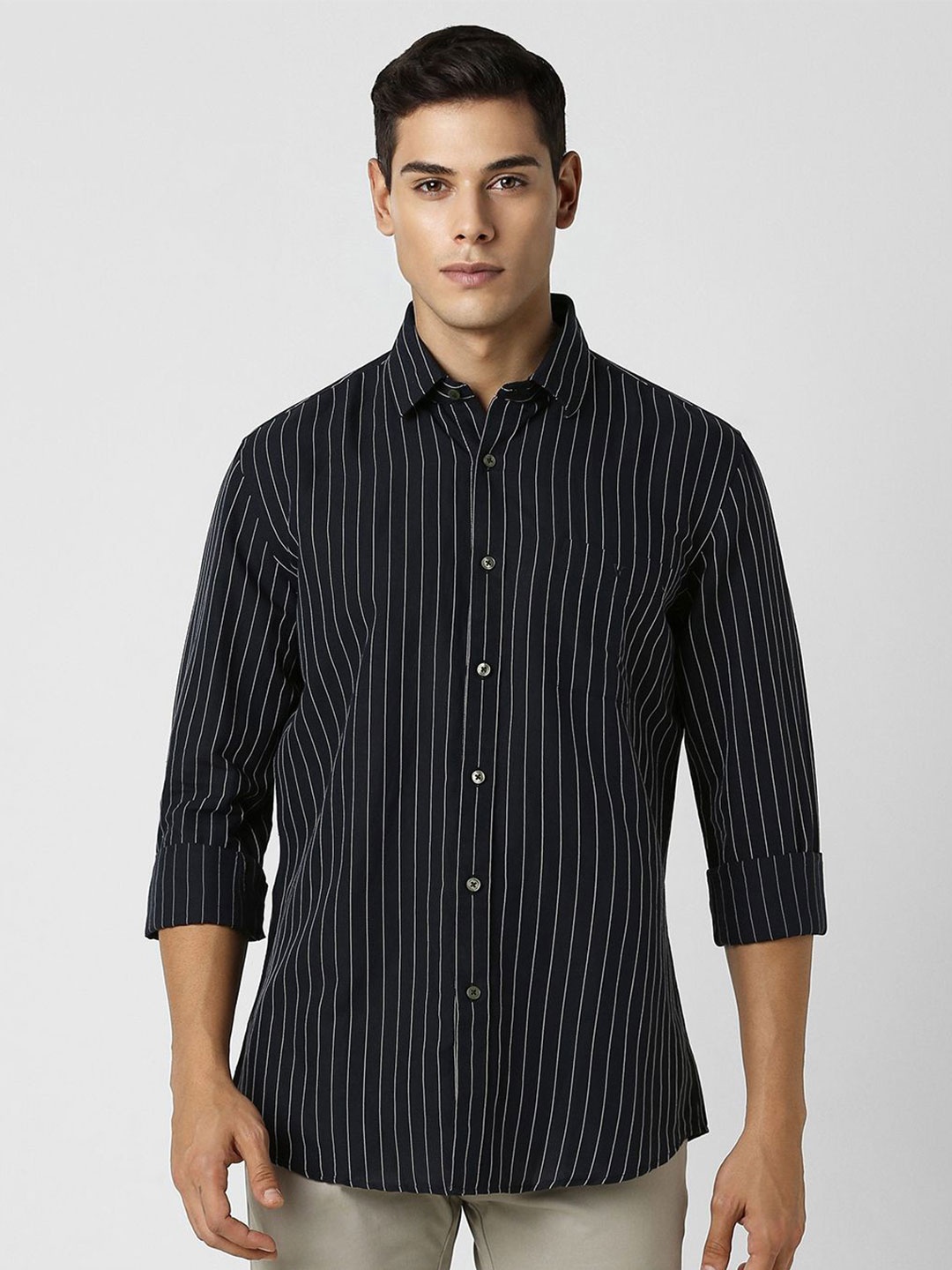 

Van Heusen Sport Men Spread Collar Vertical Striped Linen Slim Fit Casual Shirt, Black