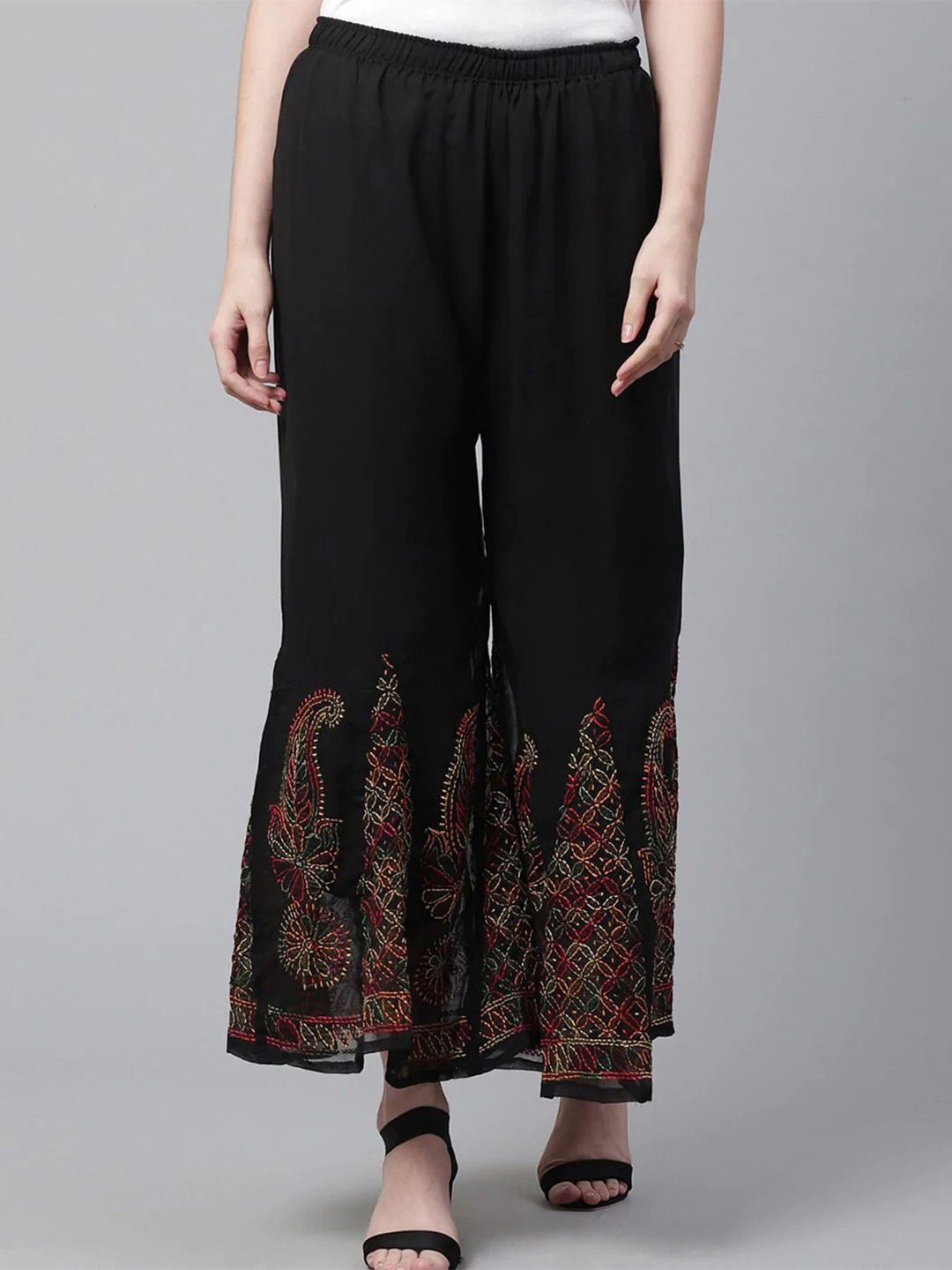 

KHAKA Women Paisley Embroidered Flared Palazzos, Black