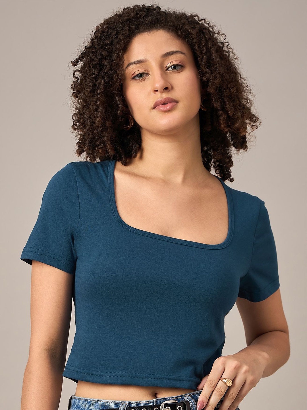 

The Roadster Lifestyle Co. Women Solid Scoop Neck Cotton T-shirt, Teal