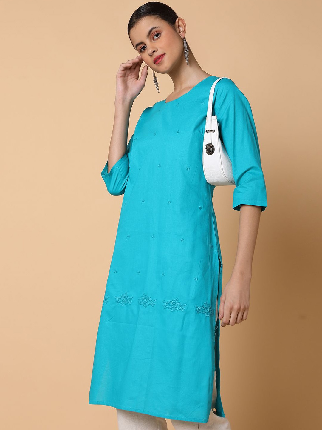 

SHOWOFF Floral Embroidered Round Neck Cotton Straight Kurta, Turquoise blue