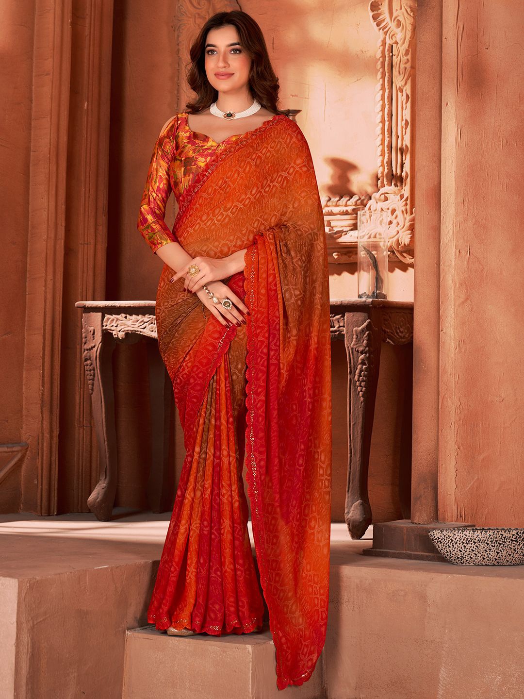 

Mitera Embellished Mirror Work Saree, Red