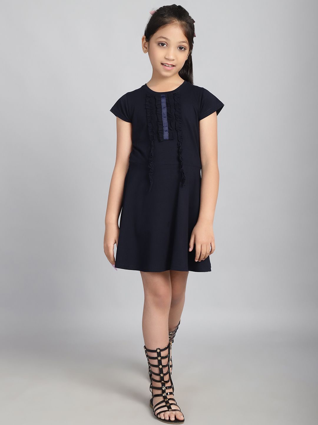 

Baawri Girls Round Neck A-Line Dress, Navy blue