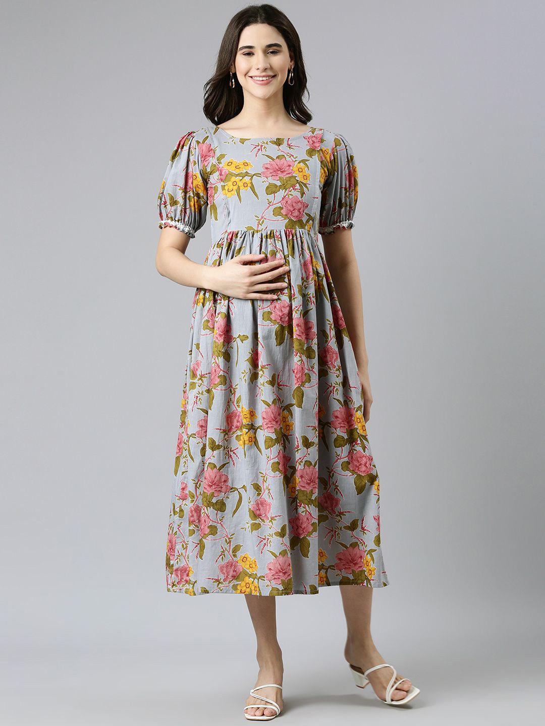 

Swishchick Floral Print Puff Sleeve Maternity Fit & Flare Midi Dress, Blue