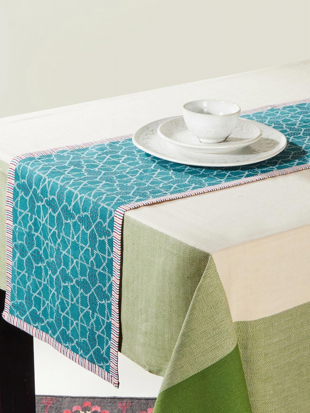 

Fabindia Teal Green & White Abstract Printed Table Runner