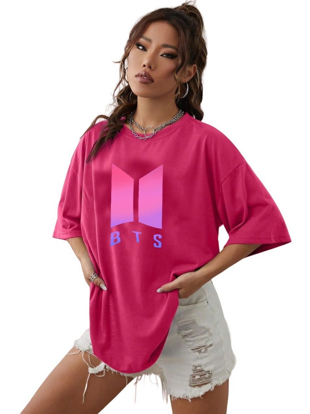 

TABADTOD Women Typography Printed Drop-Shoulder Sleeves Oversized T-shirt, Pink