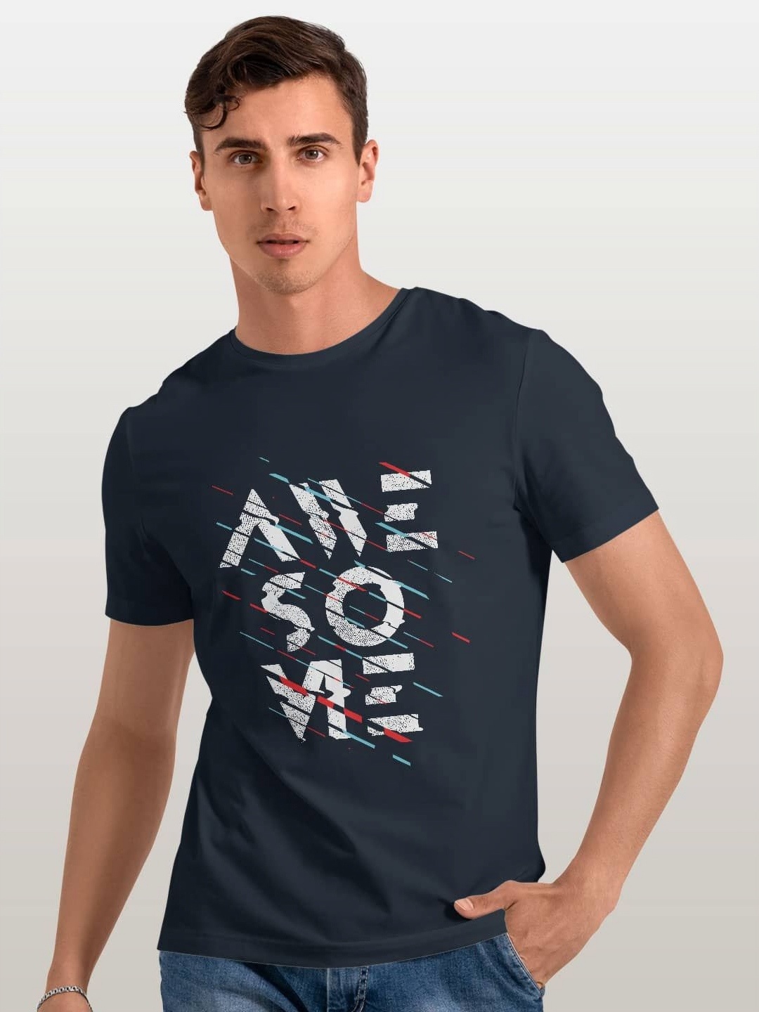 

macmerise Men Typography Printed Raw Edge T-shirt, Blue