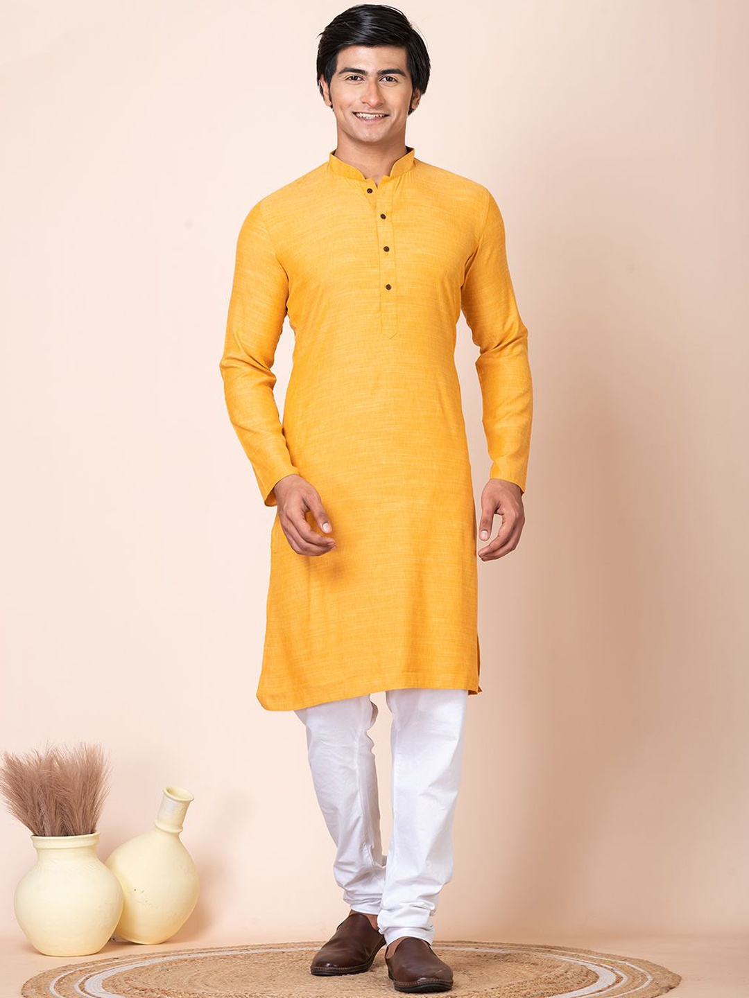 

HU - Handcrafted Uniquely Woven Design Mandarin Collar Pure Cotton Kurta with Churidar, Yellow