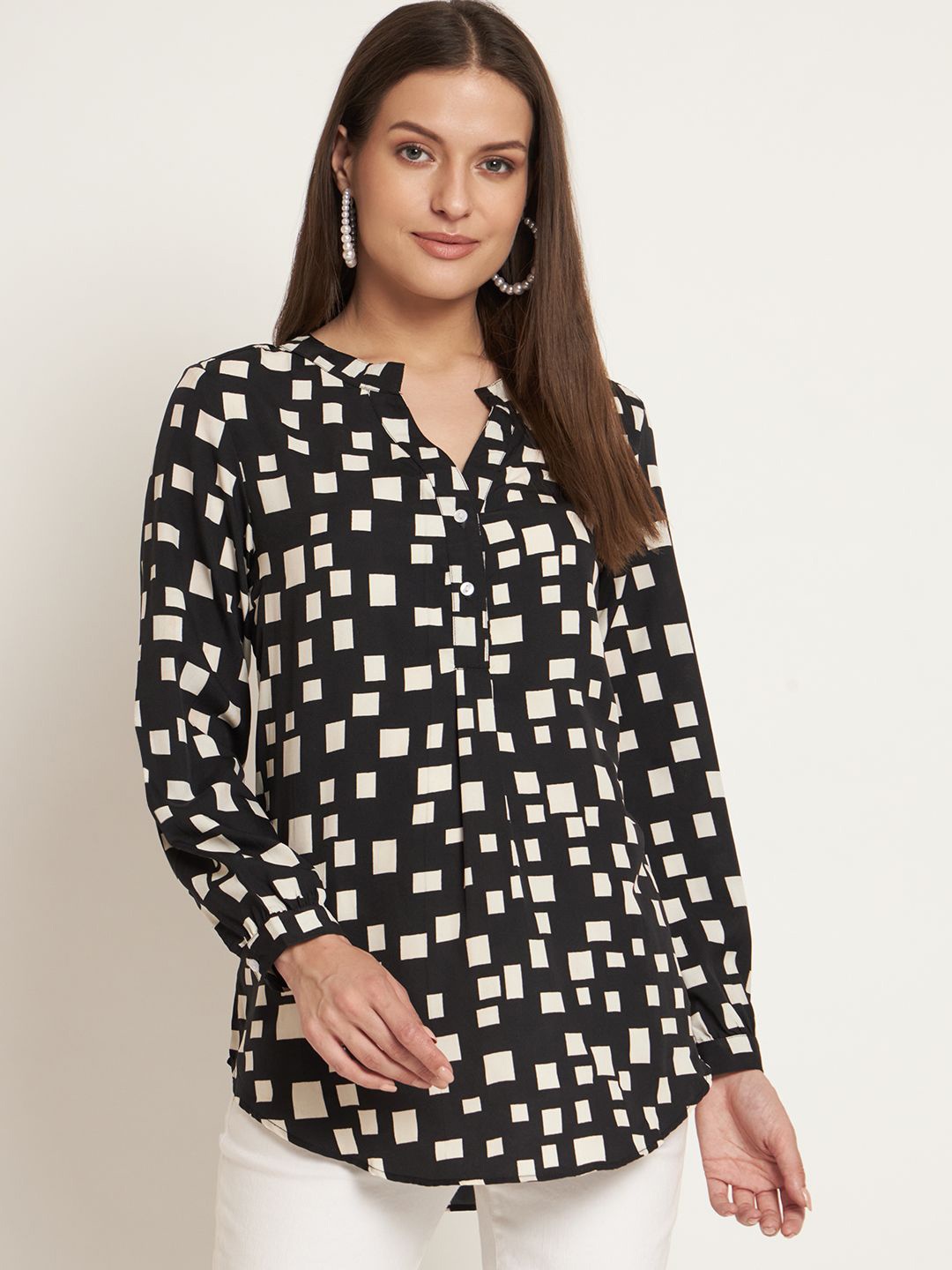 

Curvydrobe Geometric Print Mandarin Collar Crepe Shirt Style Top, Black