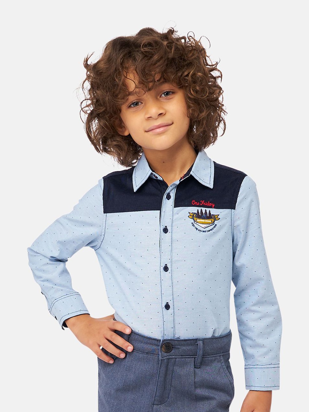 

One Friday Boys Comfort Micro Ditsy Printed Pure Cotton Casual Shirt, Navy blue