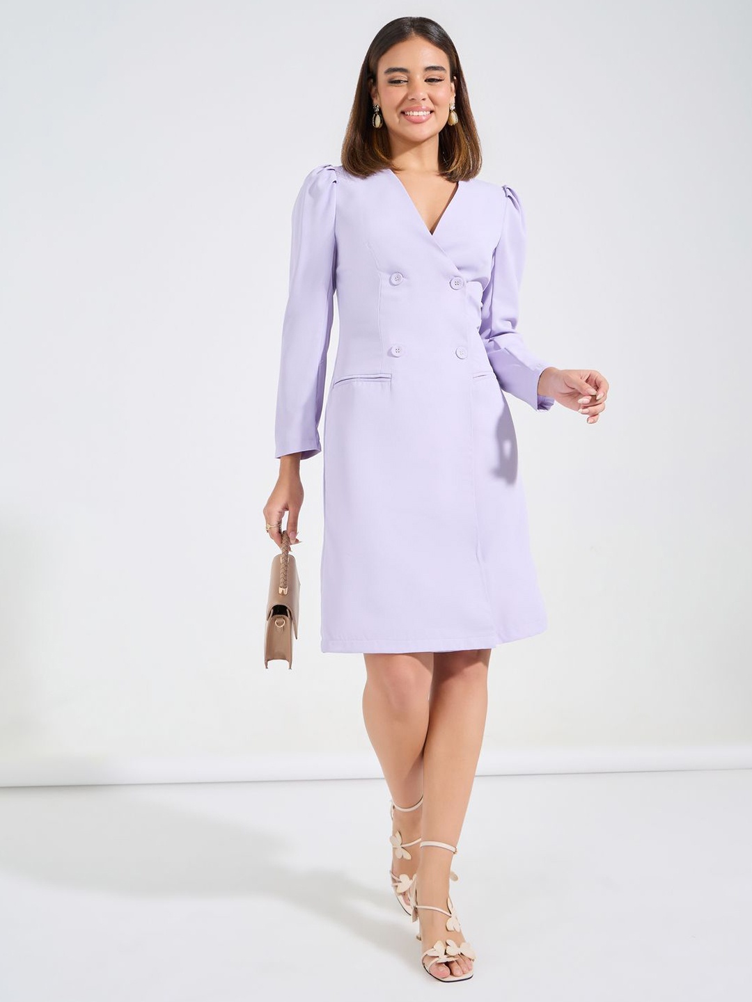 

Styli Women Double Breasted Knee Length Blazer Dress, Lavender