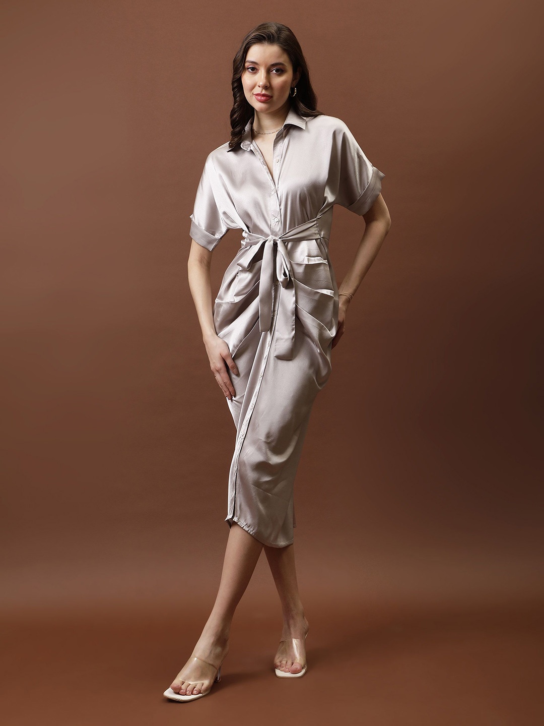 

Athena Satin Shirt Collar Roll-Up Sleeves Shirt Midi Dress, Grey