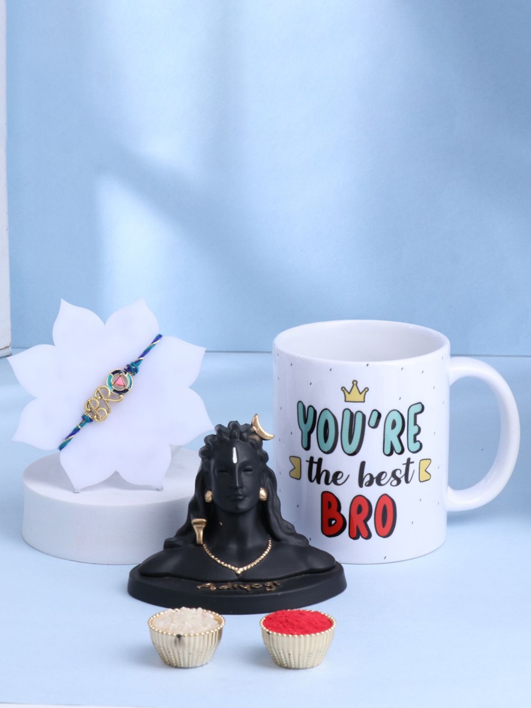 

Floweraura Set of 3 Beaded Rakhi With Lord Shiva Idol & Mug with Roli Chawal, Gold