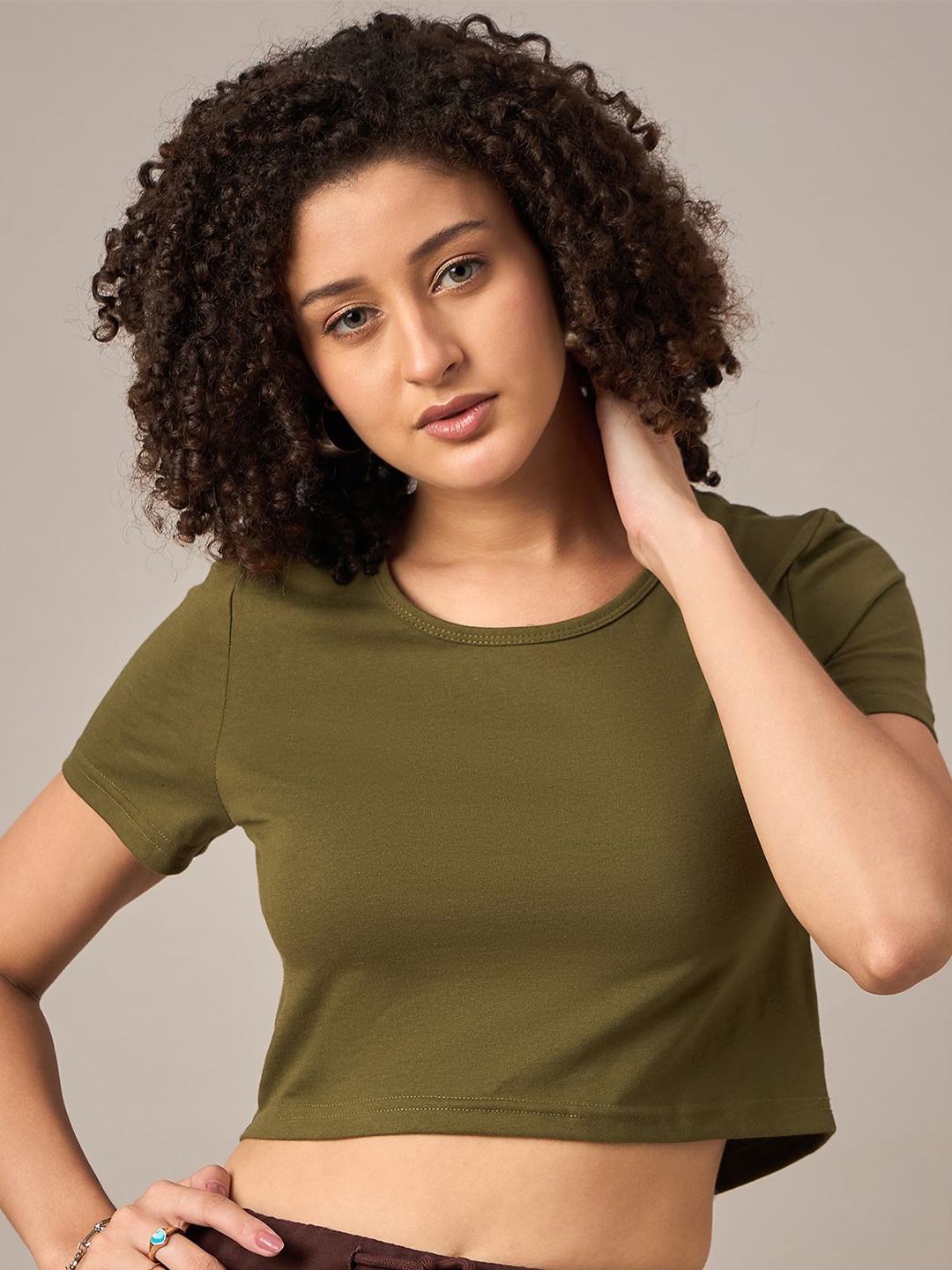 

The Roadster Lifestyle Co. Women Solid Round Neck Cotton T-shirt, Olive