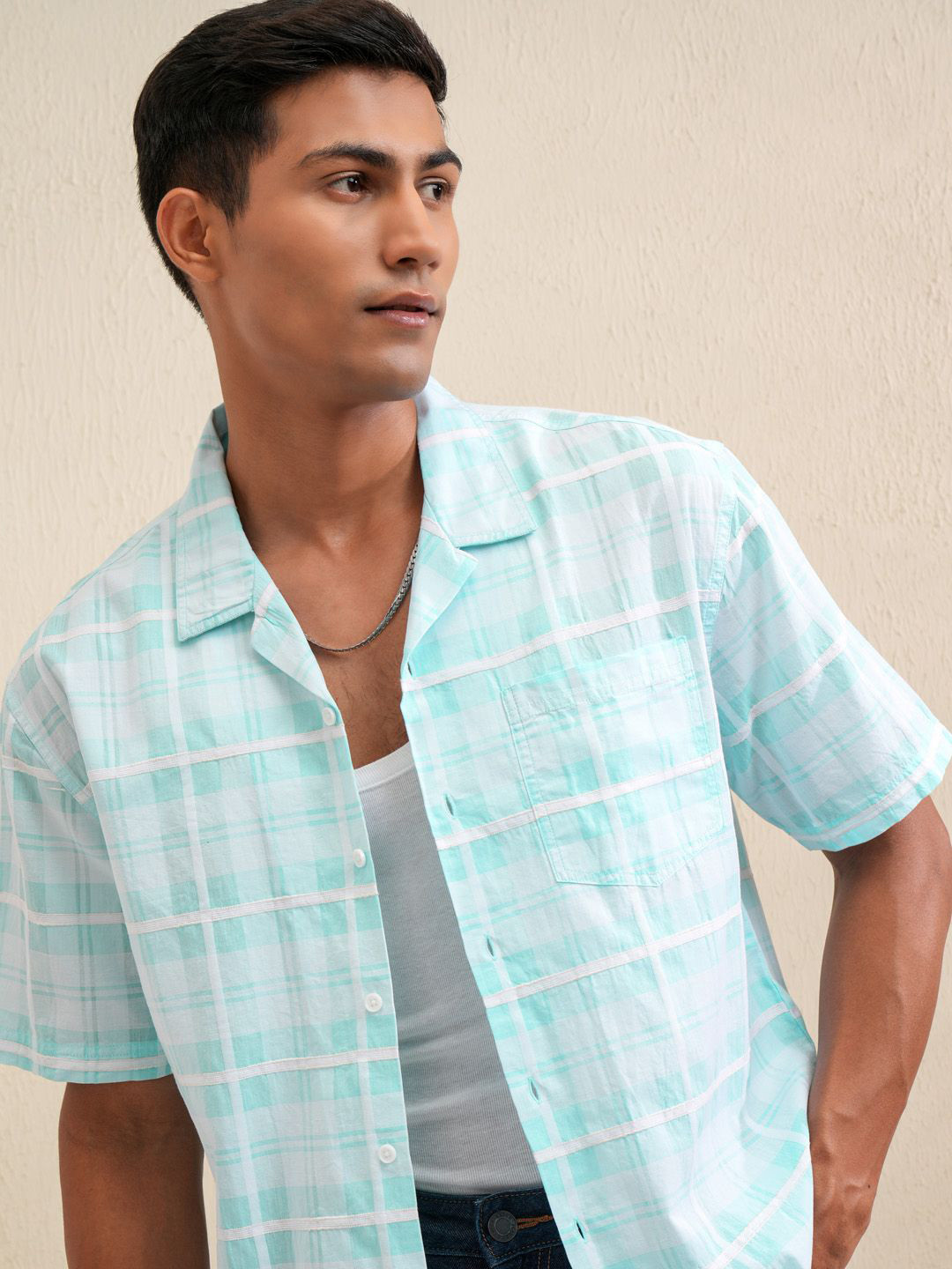 

LOCOMOTIVE Premium Men Dobby Checked Cuban Collar Relaxed Shirt, Blue