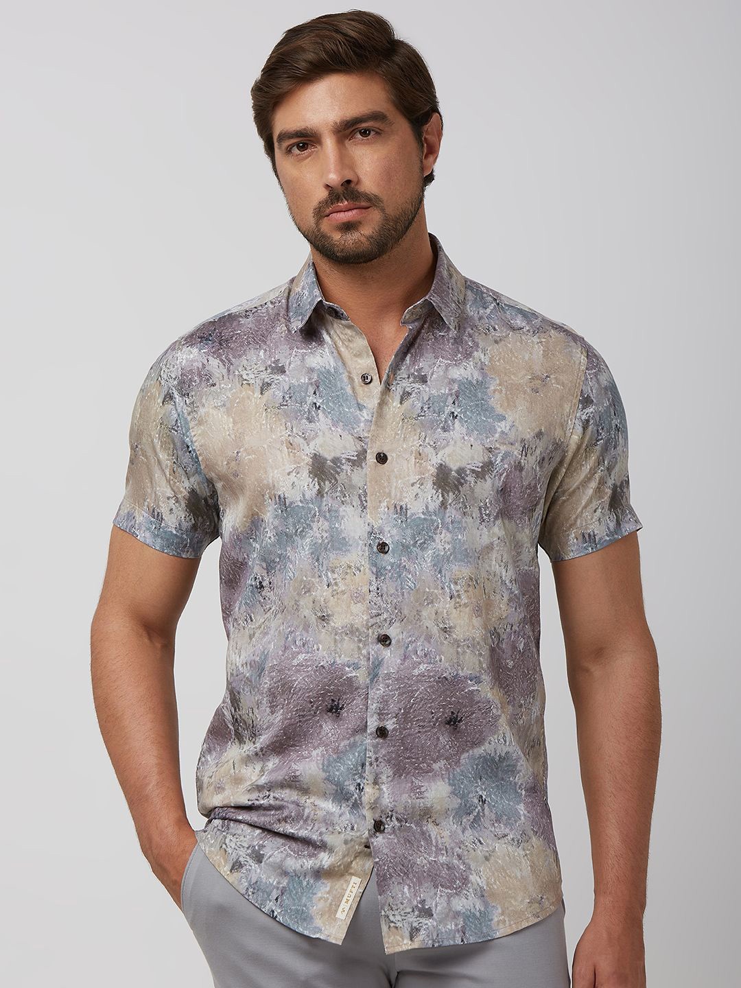 

Mufti Men Spread Collar Abstract Printed Cotton Slim Fit Casual Shirt, Beige