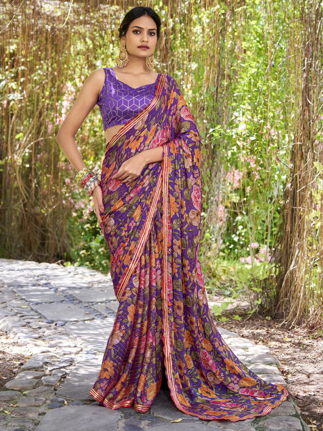 

Saree mall Floral Sequinned Sarees, Purple