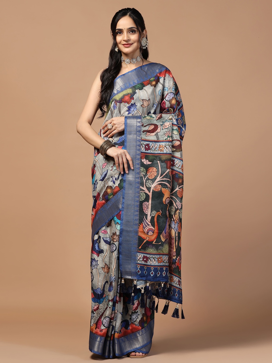 

Kaizen TEXO FAB Kalamkari Zari Tussar Saree, Grey