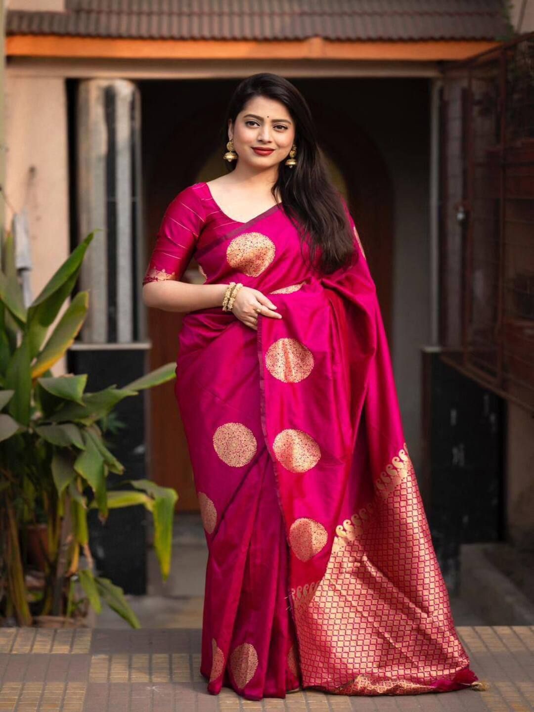 

SANJANA SILK Woven Design Zari Chanderi Saree, Magenta