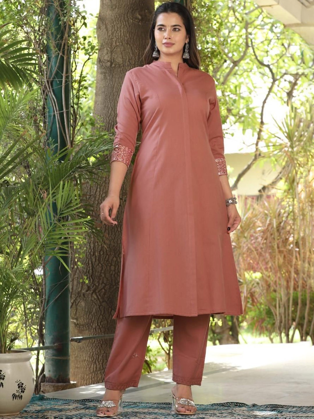 

KALINI Mandarin Collar Mirror Work Pure Cotton A-Line Kurta With Trousers, Pink