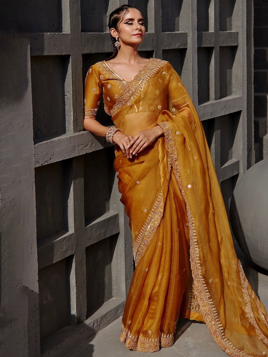 

JIGAR MALI Floral Sequinned Organza Saree, Mustard