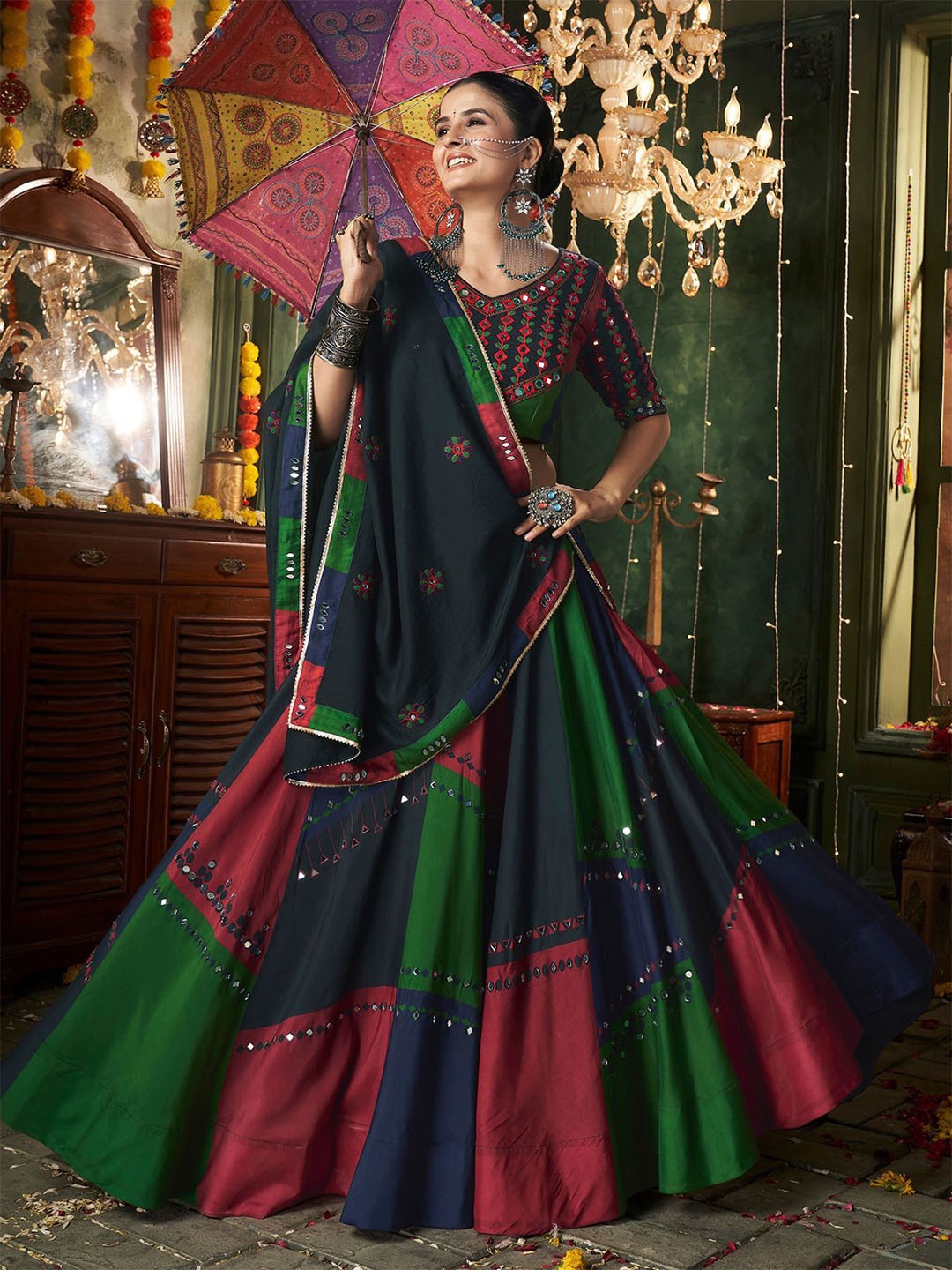 

ODETTE Embellished Mirror Work Ready to Wear Lehenga & Blouse With Dupatta, Navy blue