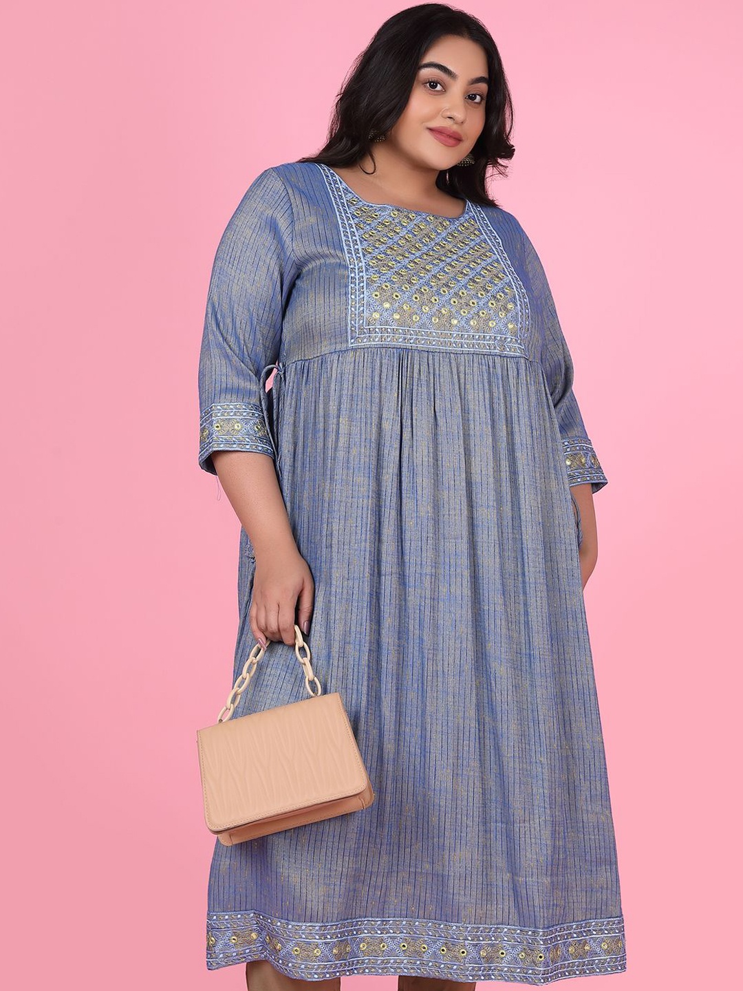 

SHOWOFF Plus Size Geometric Yoke Design Mirror Work Cotton Pleated A-Line Kurta, Blue